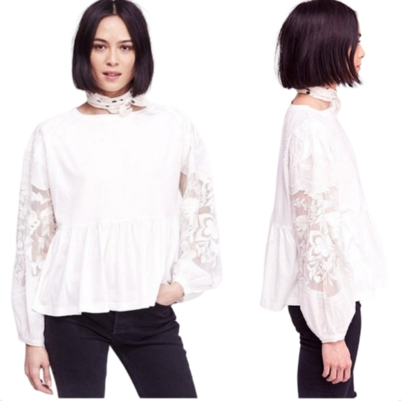 Free People Penny Top Embroidered Sheer Sleeves White Boho Cotton Peplum L - Picture 3 of 11